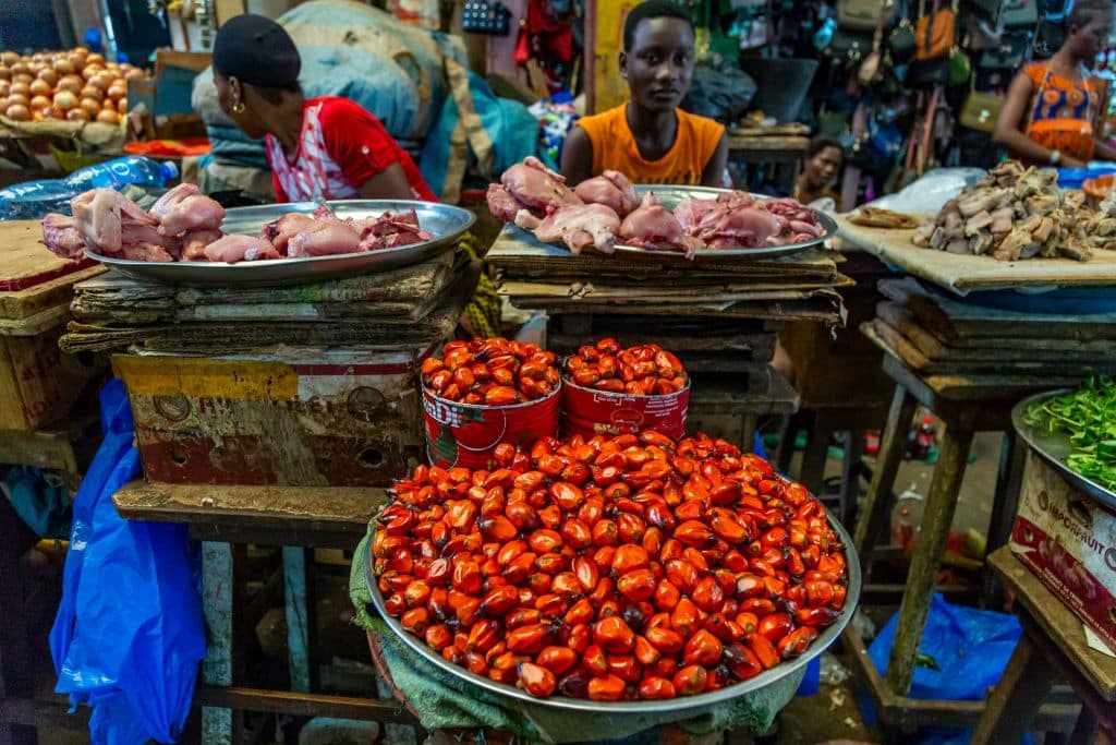 Brown palm seeds on display at the Adjamé Market in Abidjan, Ivory Coast