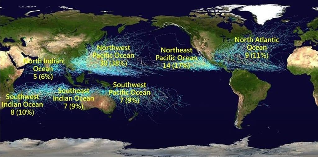 Geographical distribution of tropical cyclones
