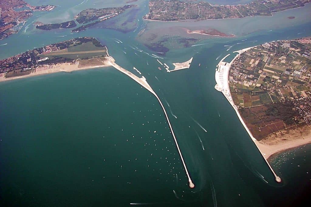 Aerial view of the MOSE Project in Venice, Porto di Lido (Channel north of Lido) in Mid-2009.