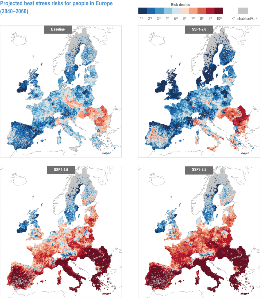 IPCC scenario matrix for multi-model median heat stress risks in Europe for the baseline 1986–2005, and different SSP–RCP combinations for the period 2040–2060